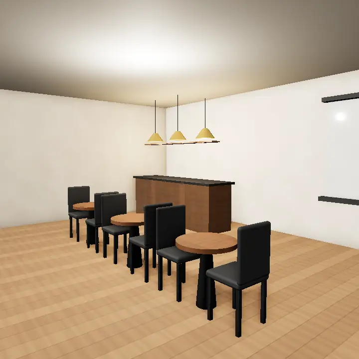 3D render: Boho cafe, cane chairs, green walls