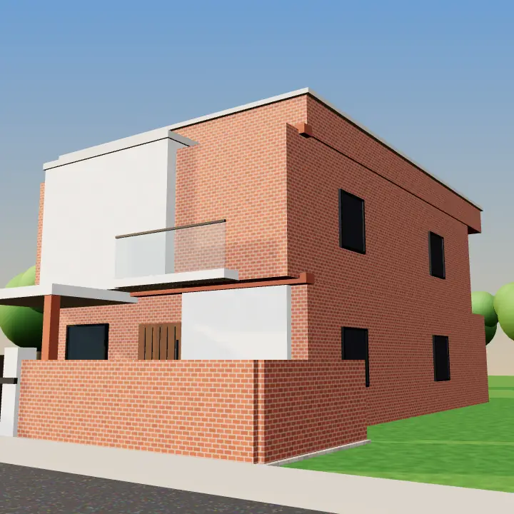3D render: Brick corner plot with curved wall
