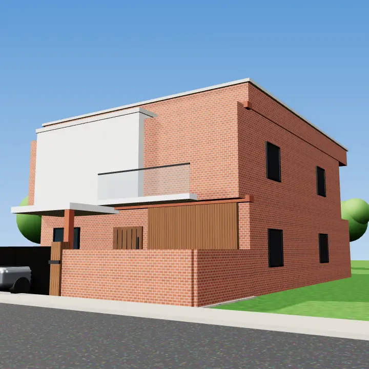 3D render: Brick tiles with wooden louvres