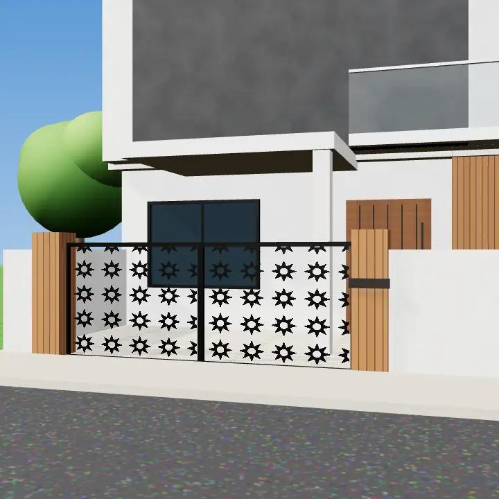 3D render: Black laser-cut jaali gate panel