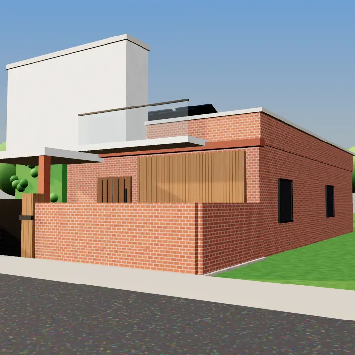 3D render: Brick house with deep verandah
