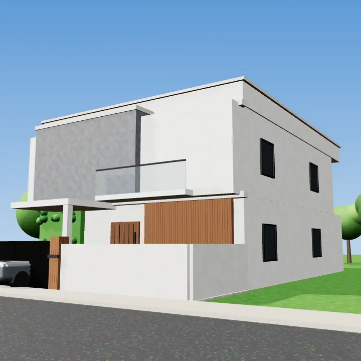 3D render: Shaded facade with wooden fins