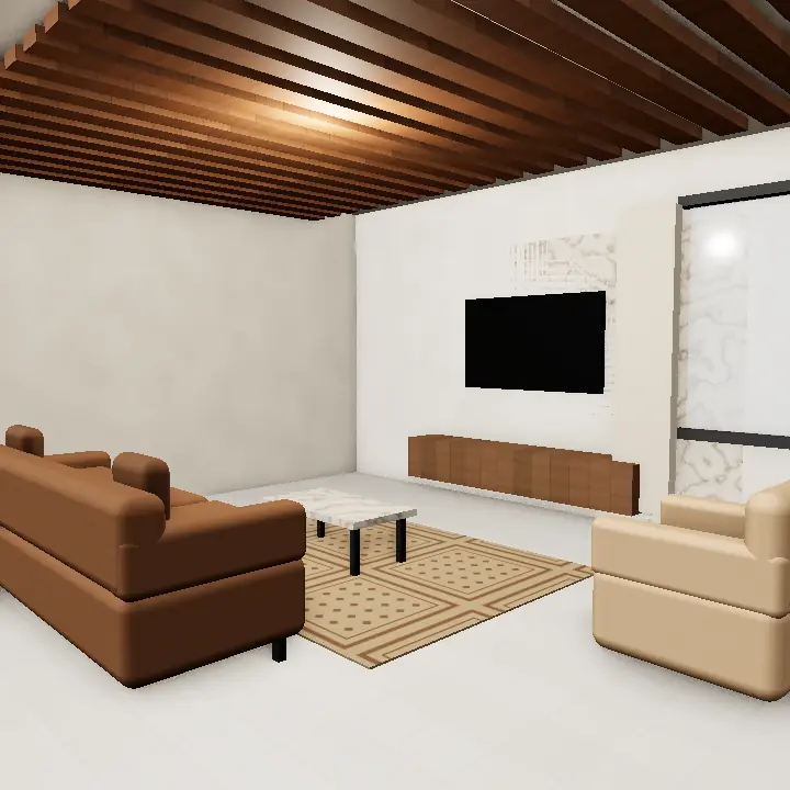 3D render: Brown Wooden Slat Ceiling in Lounge