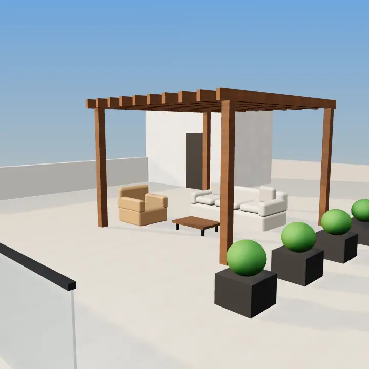 3D render: Covered verandah with wooden pillars
