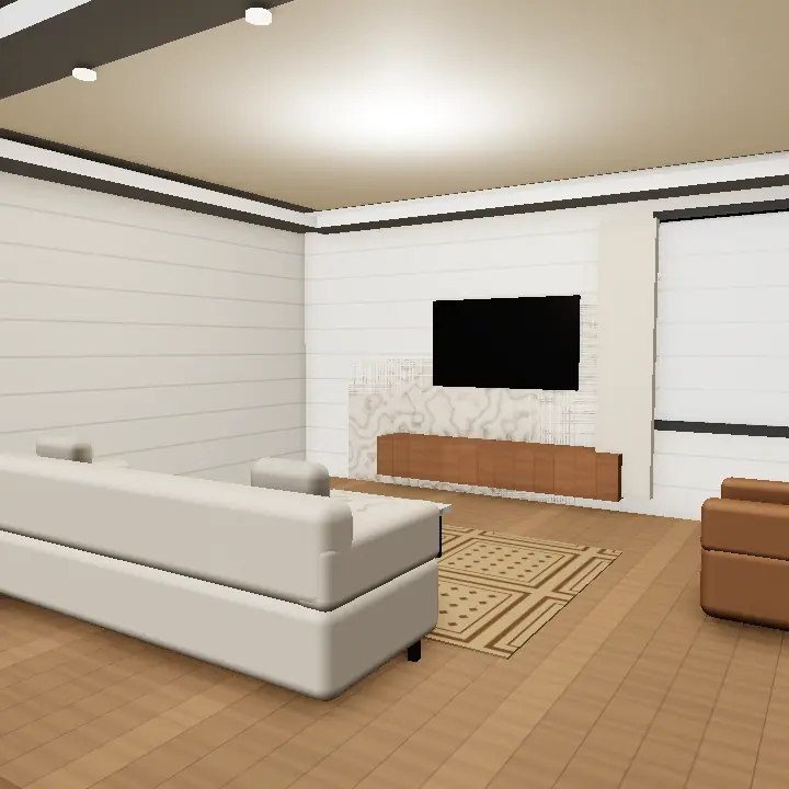 3D render: Farmhouse living room with timber beams