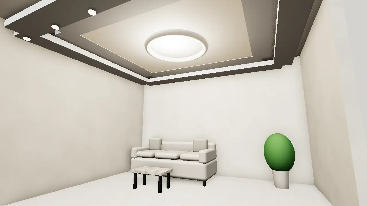 3D render of a room with false ceiling, marble floor and wall paneling