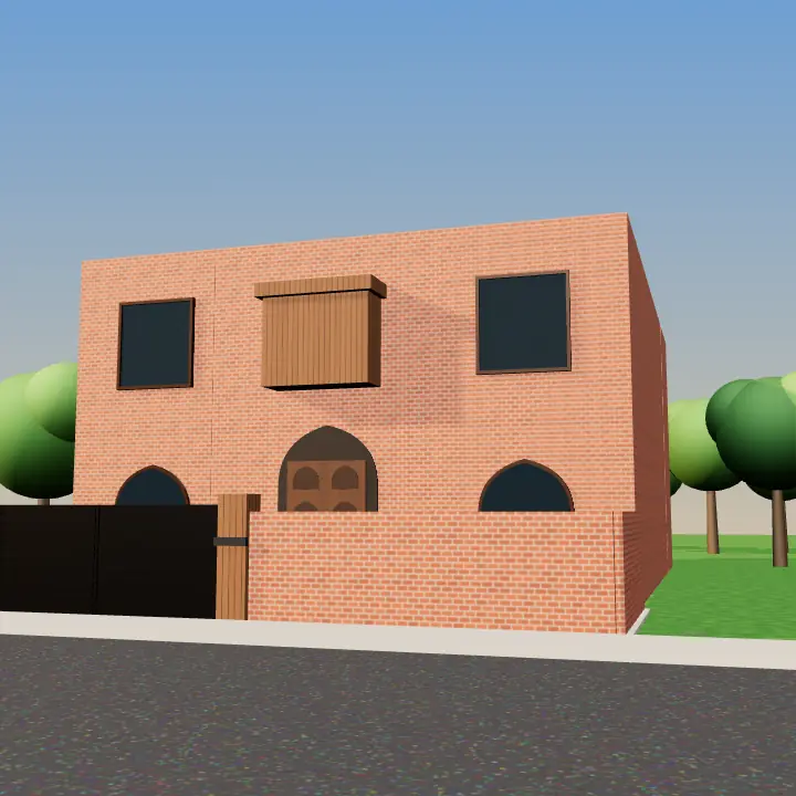 3D render: Modern haveli in white and wood