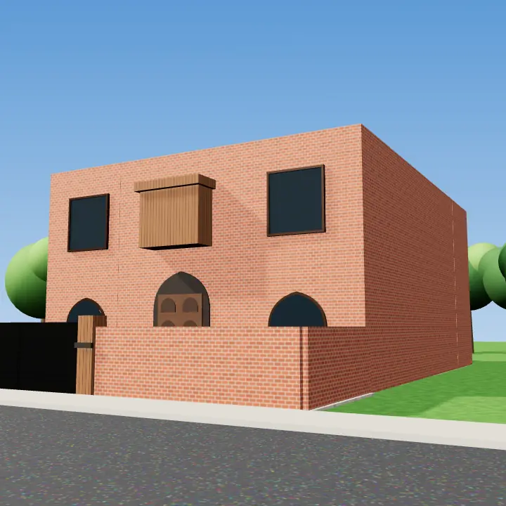 3D render: Traditional red brick haveli facade