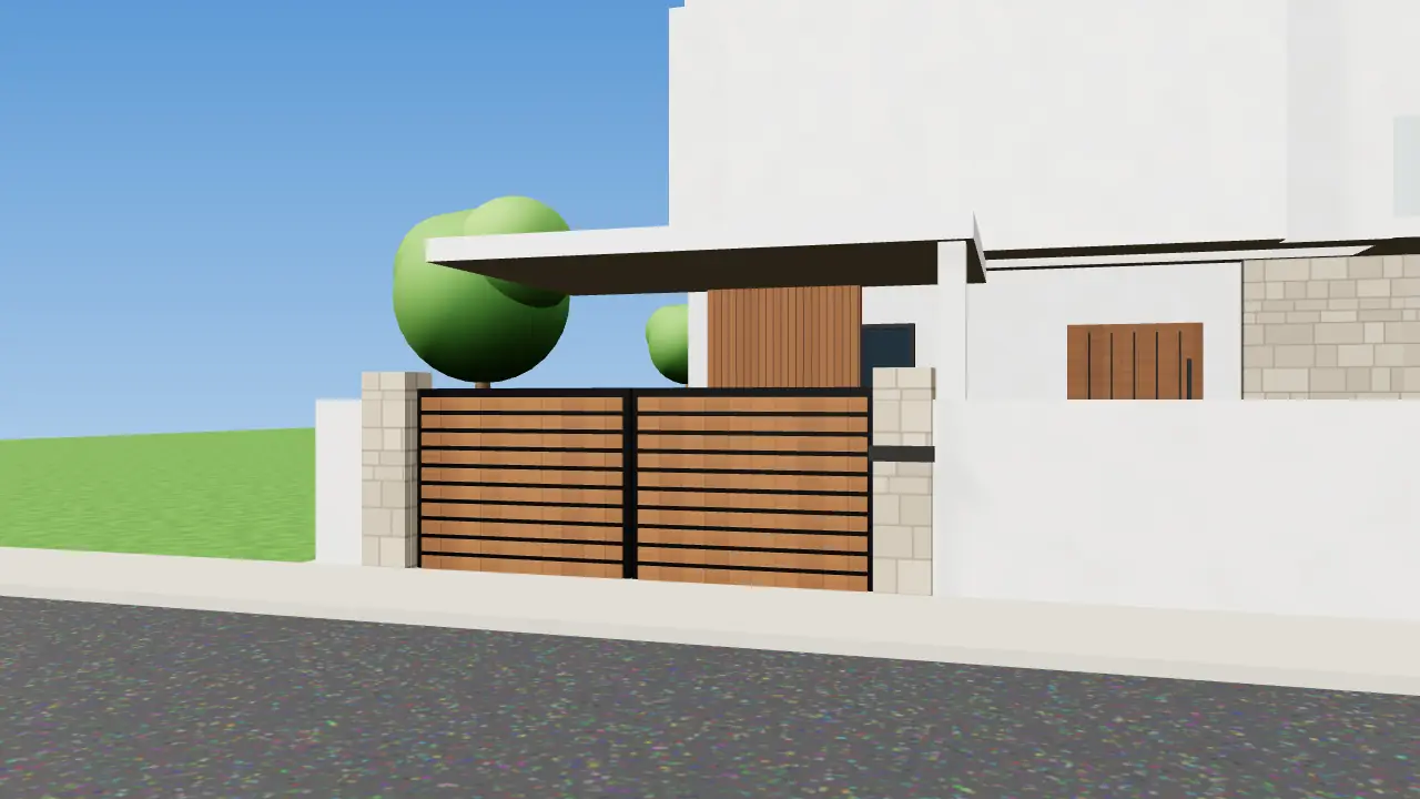 3D render of a house front with main gate, boundary wall, car porch and balcony