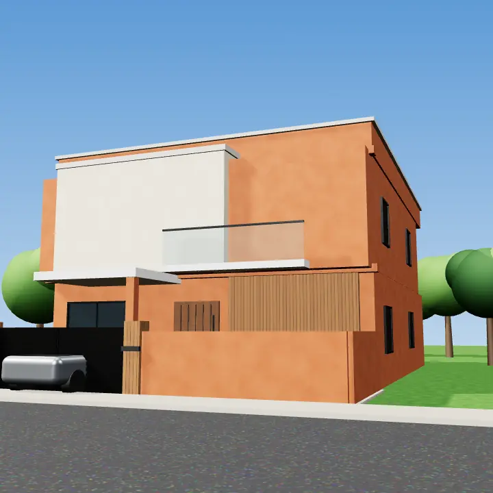 3D render: Terracotta house with cream trim