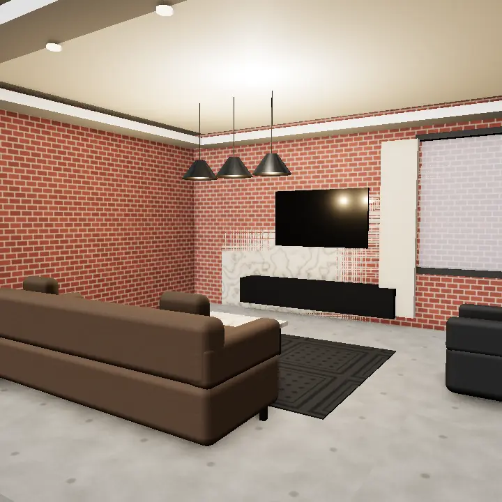 3D render: Industrial loft living room, exposed red brick