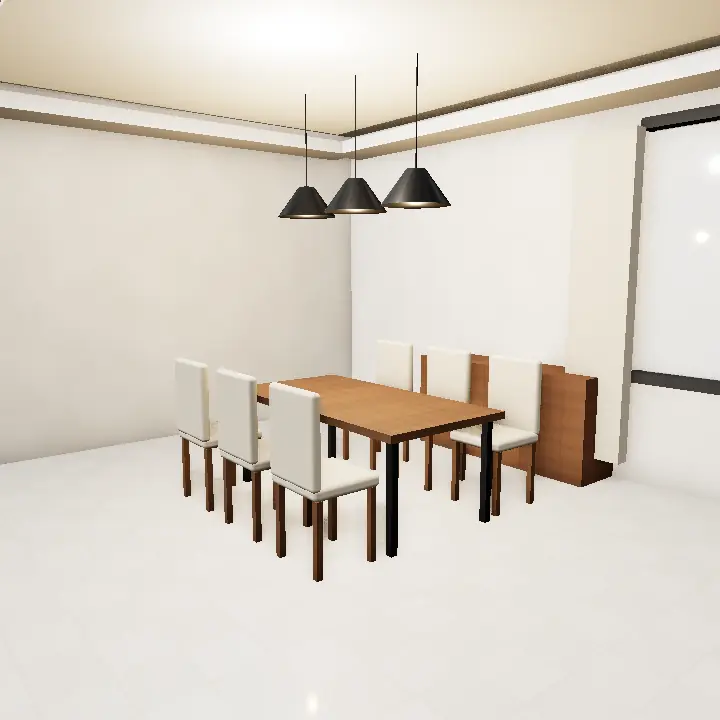3D render: Three Glass Pendants over Dining Table