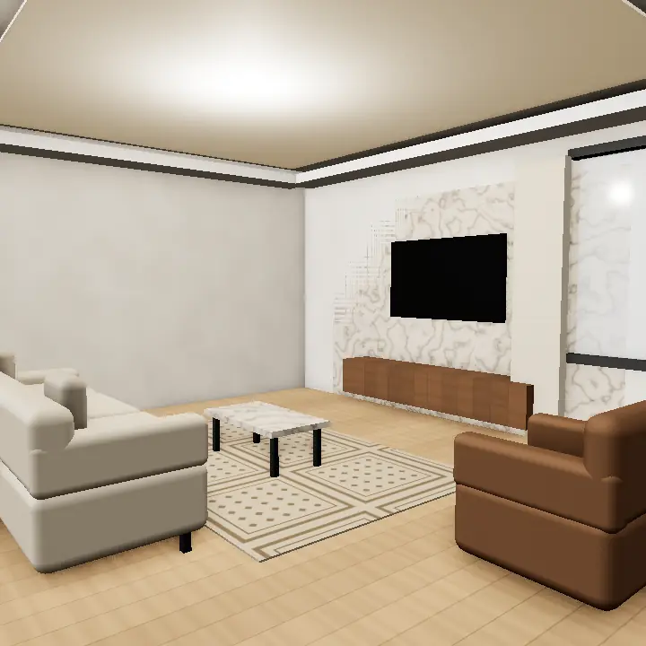 3D render: Tea corner, beige cushions, low table
