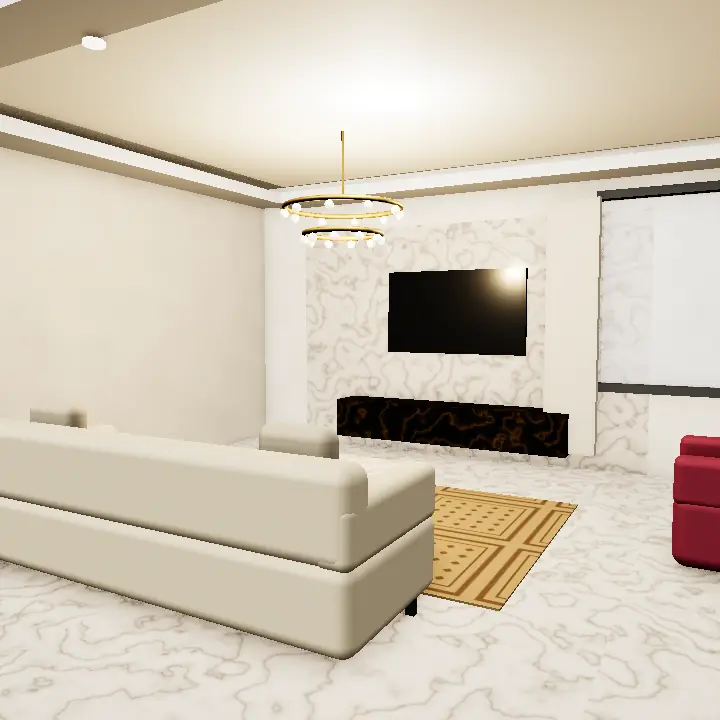 3D render: 1 Kanal double-height lounge with chandelier