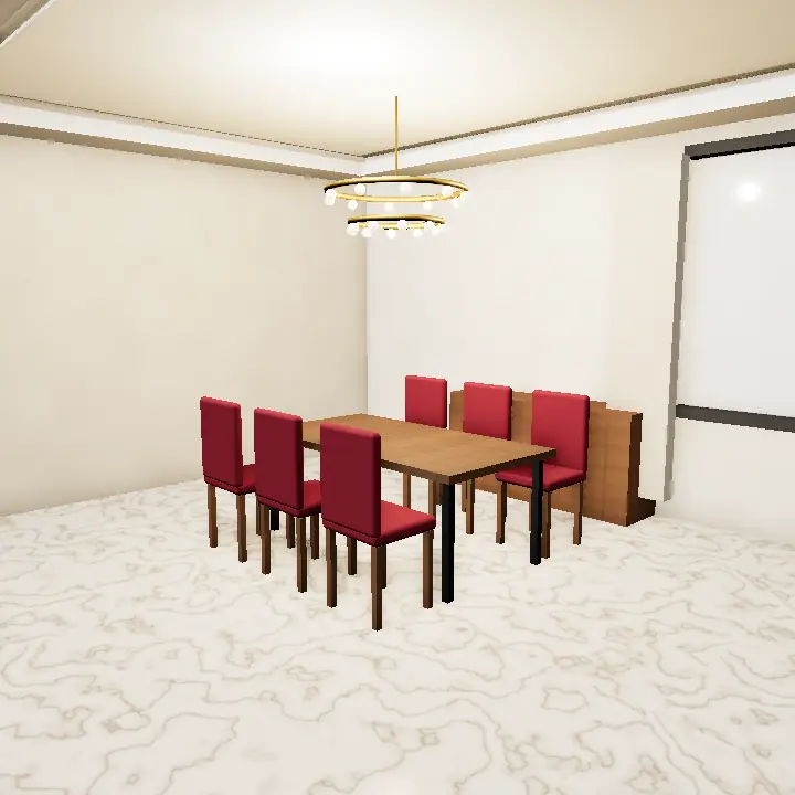 3D render: Formal marble dining with gold chairs