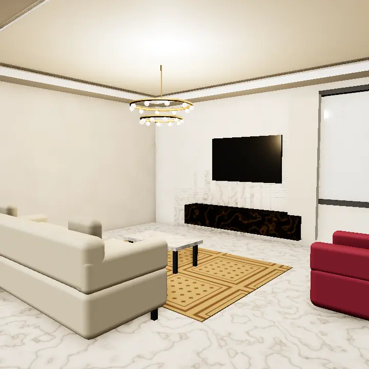 3D render: Grand staircase with glass and gold railing