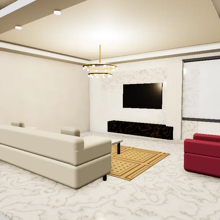 3D render: Royal Arabic majlis, gold and deep red