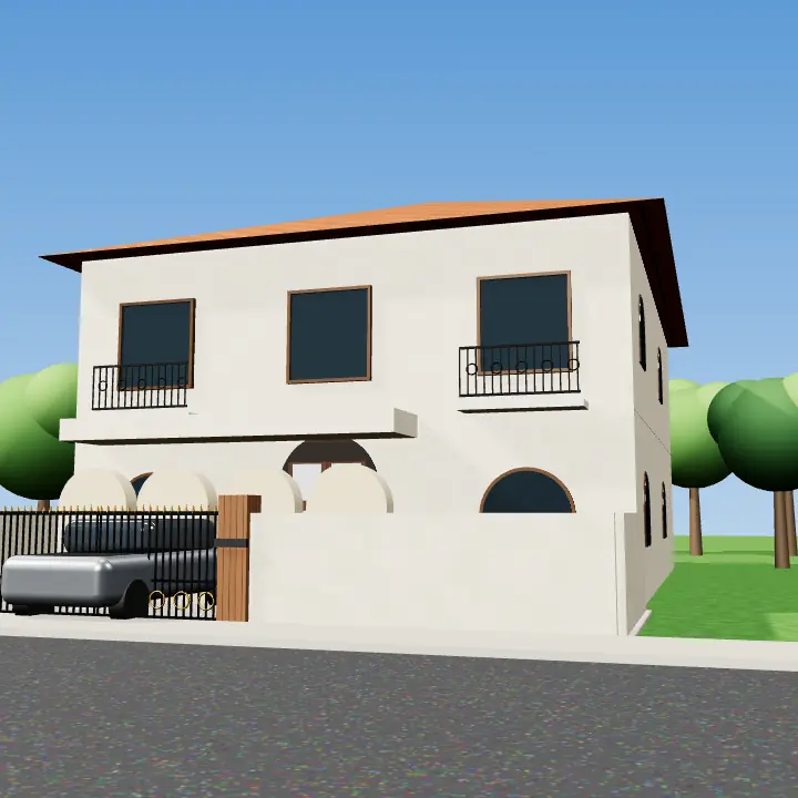 3D render: Cream house with green shutters