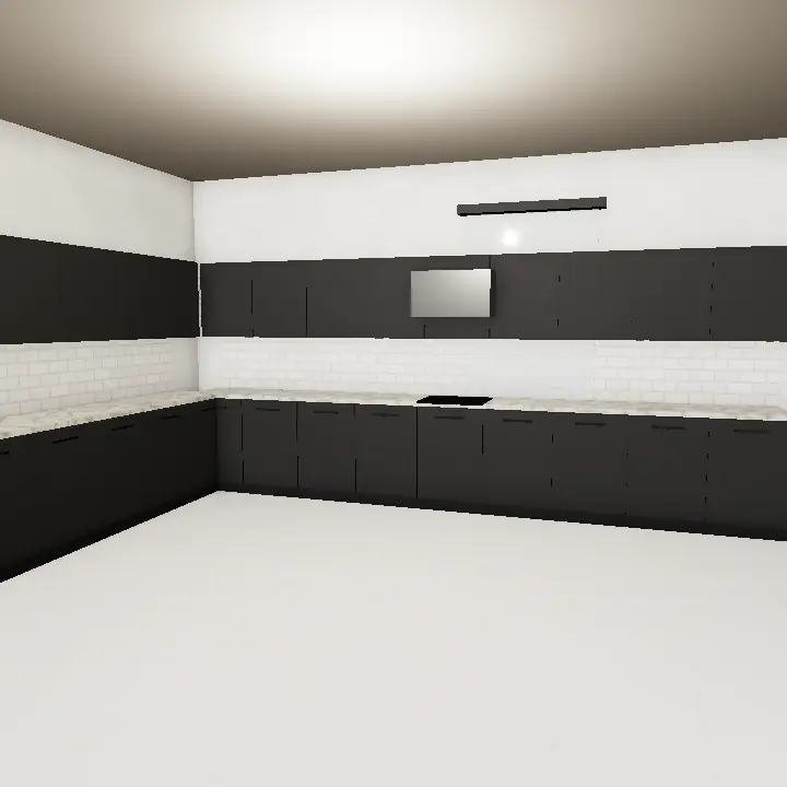 3D render: 10 Marla open kitchen with grey island