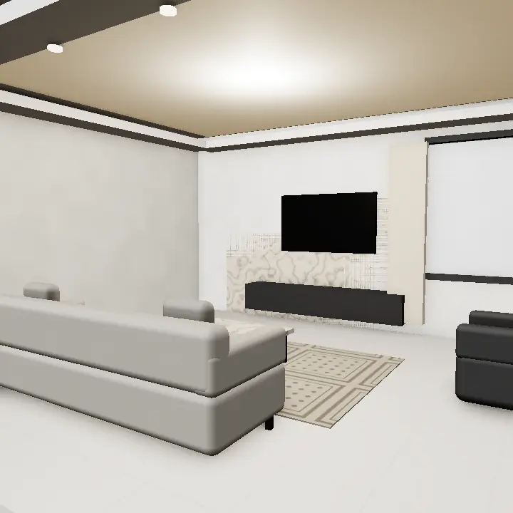 3D render: White minimalist TV lounge, hidden storage