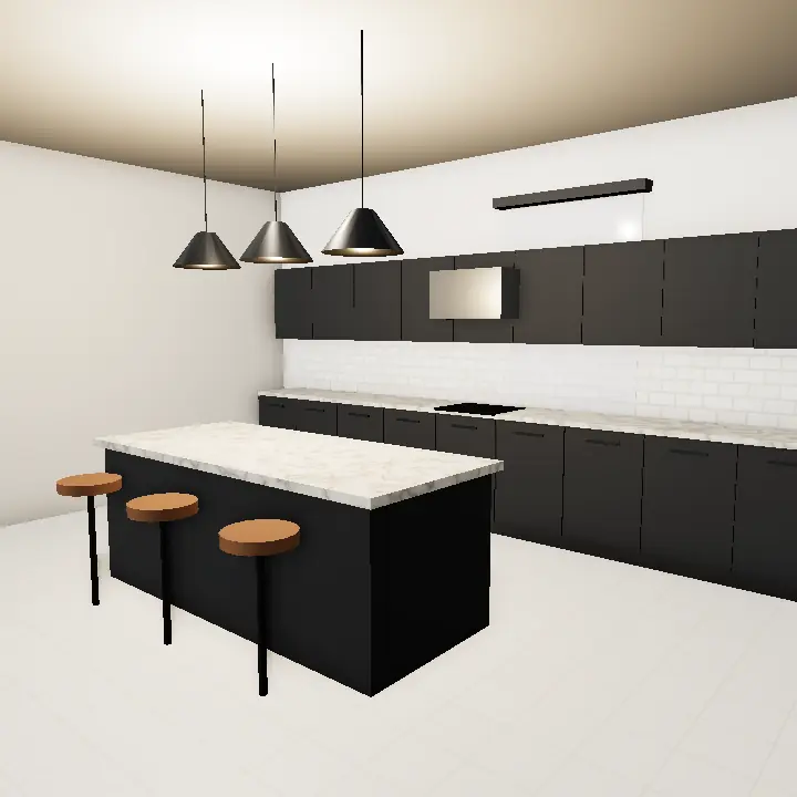 3D render: Island kitchen with black counter
