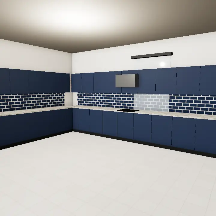 3D render: Navy and white modern kitchen