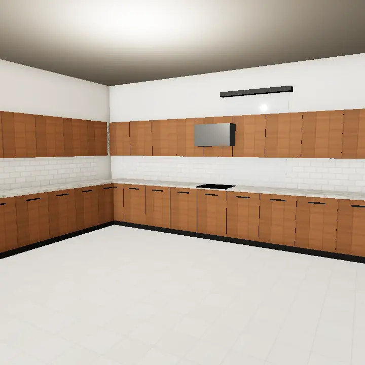 3D render: Wooden kitchen with tall pantry