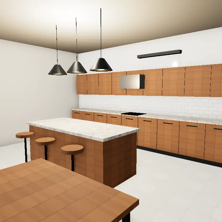 3D render: Breakfast counter with wooden stools