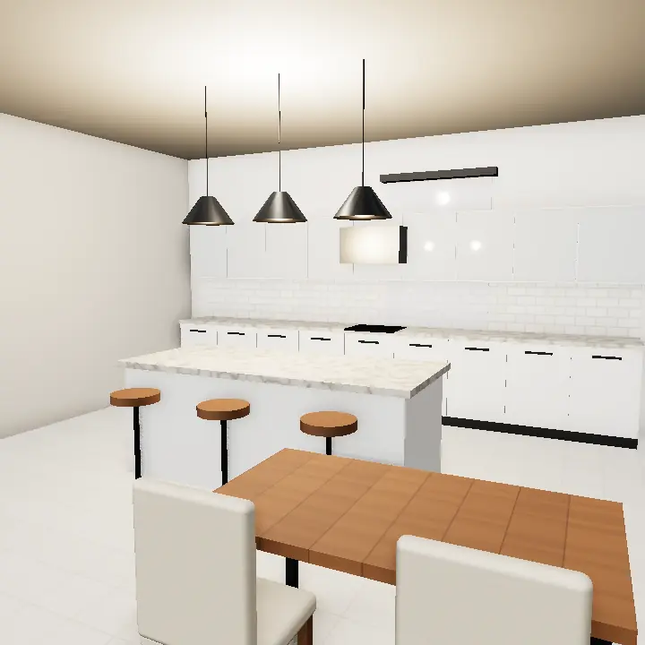 3D render: Open kitchen with glass sliding partition