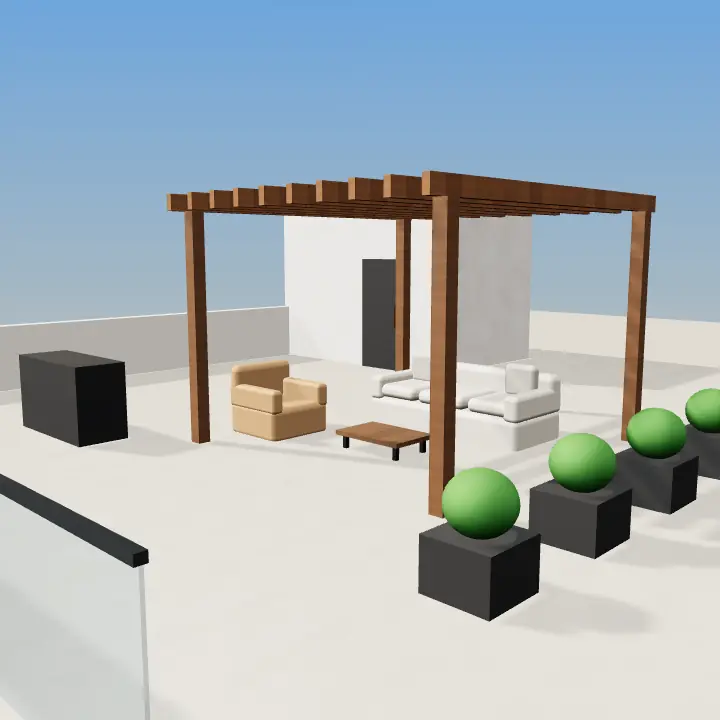 3D render: Corner brick BBQ with wooden shelf