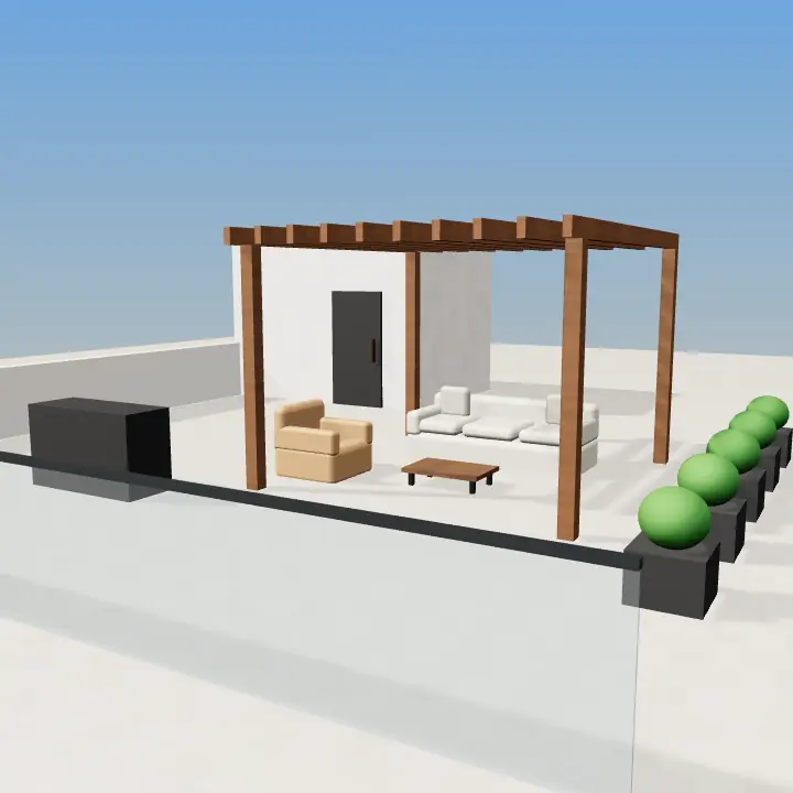 3D render: Grey concrete outdoor kitchen counter