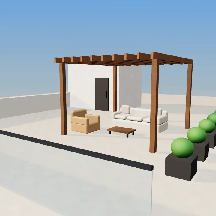 3D render: Black steel louvre outdoor lounge