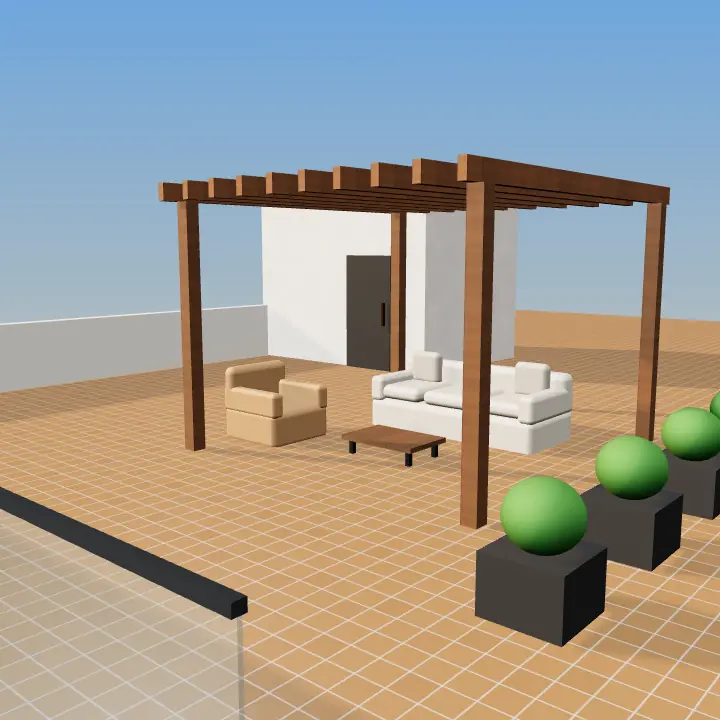 3D render: Brown wooden deck patio