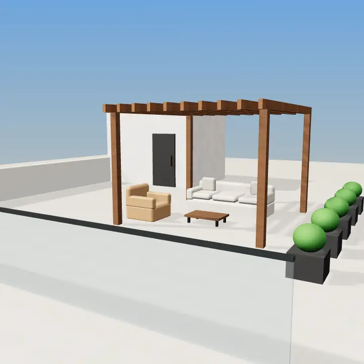 3D render: Covered patio with white roof