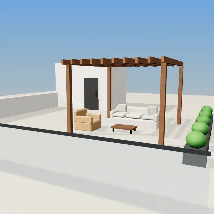 3D render: Grey stone paver backyard patio