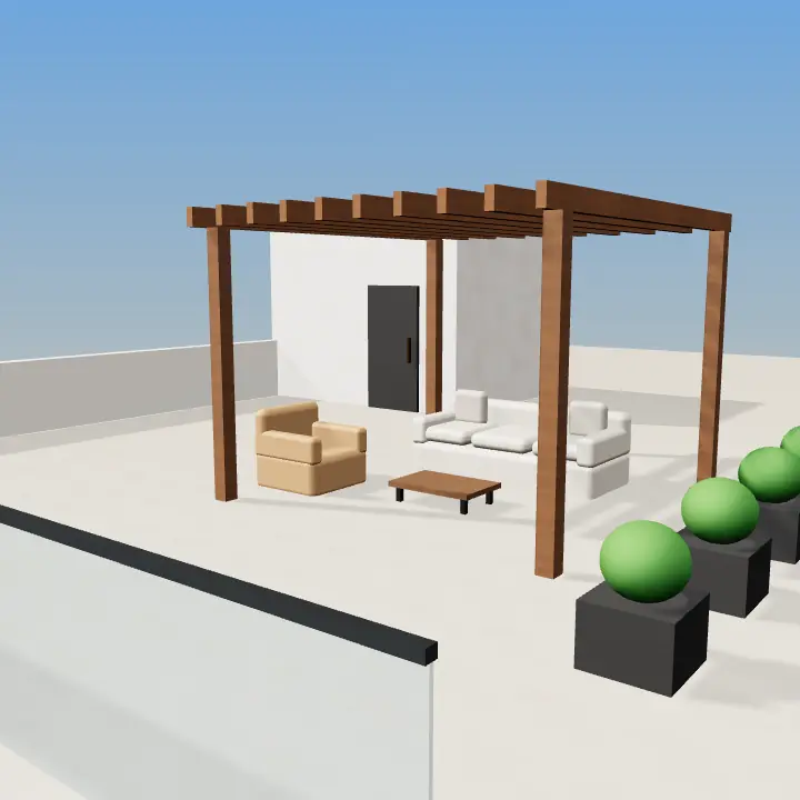 3D render: Wooden pergola with string lights
