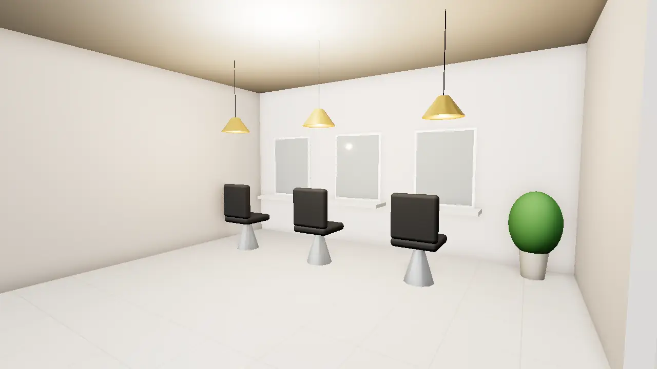 3D render of salon interior with mirror stations and styling chairs