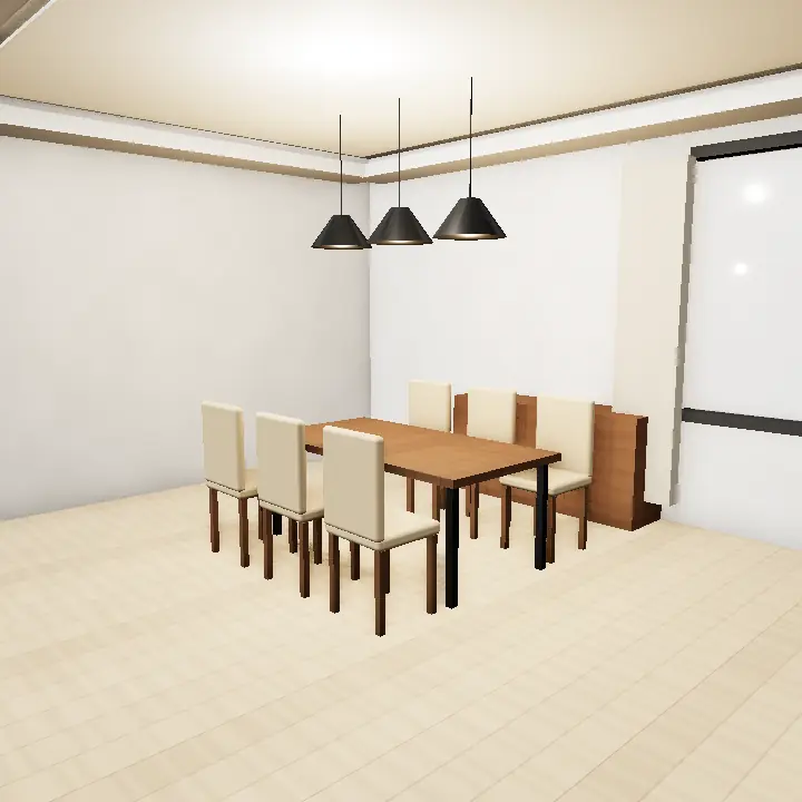 3D render: Scandinavian dining with white pendant lights