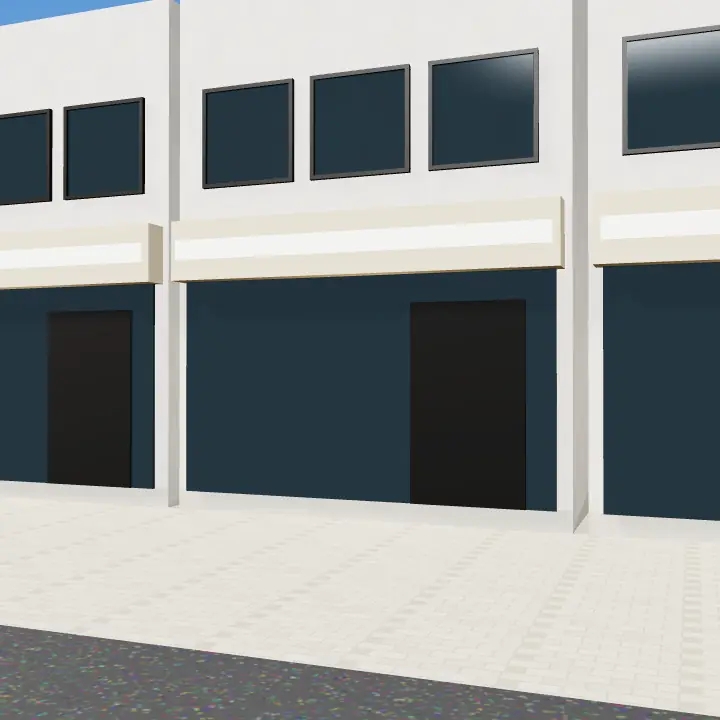 3D render: Plaza row of four matching shop fronts