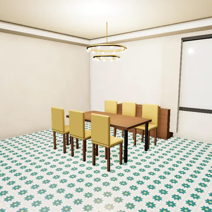 3D render: Desi dining room with carved chairs