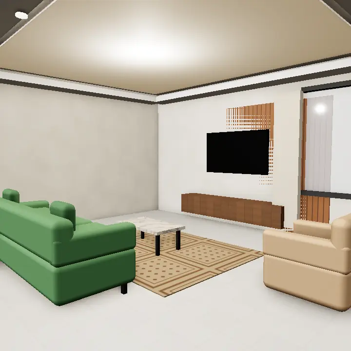 3D render: Green and wood family lounge
