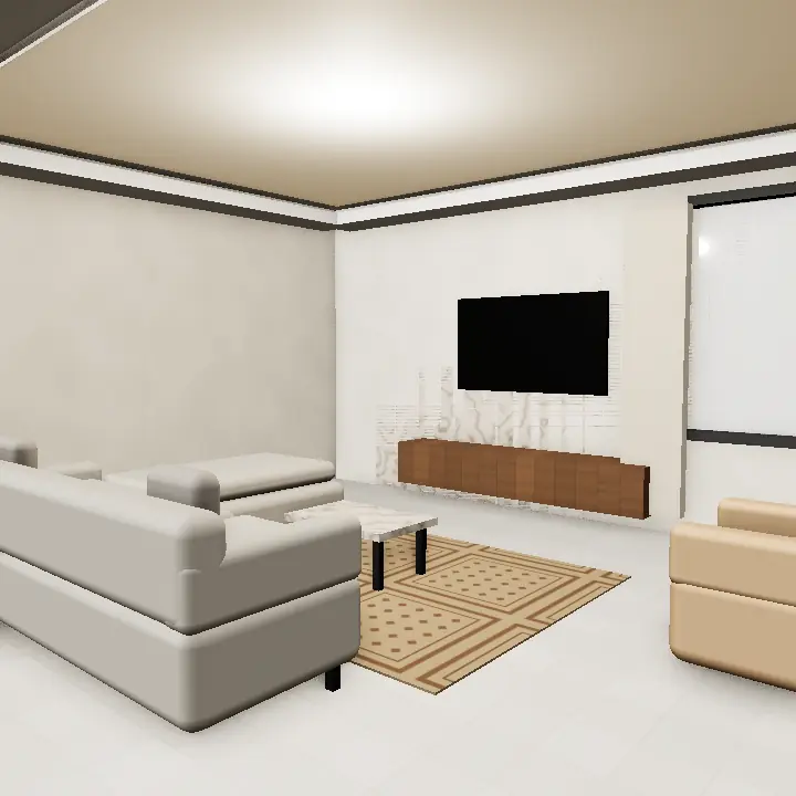 3D render: Lounge with gypsum ceiling and fan