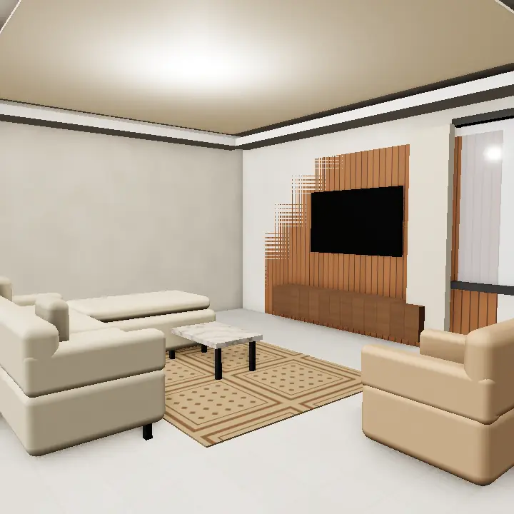 3D render: Open lounge with dining beyond