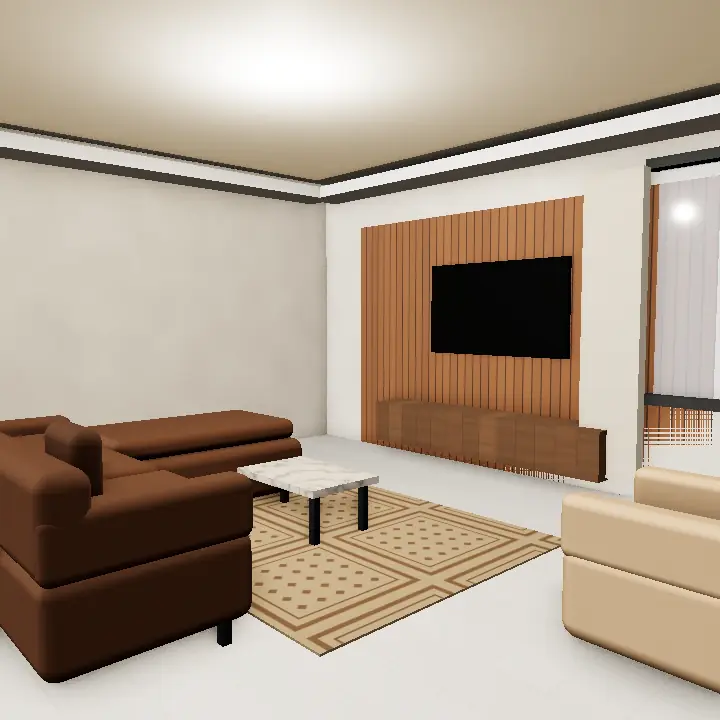 3D render: Walnut wooden TV unit wall