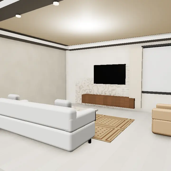 3D render: White marble TV wall with lights