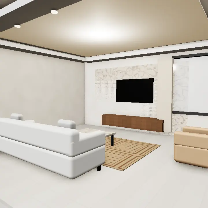 3D render: Floating white TV cabinet with oak