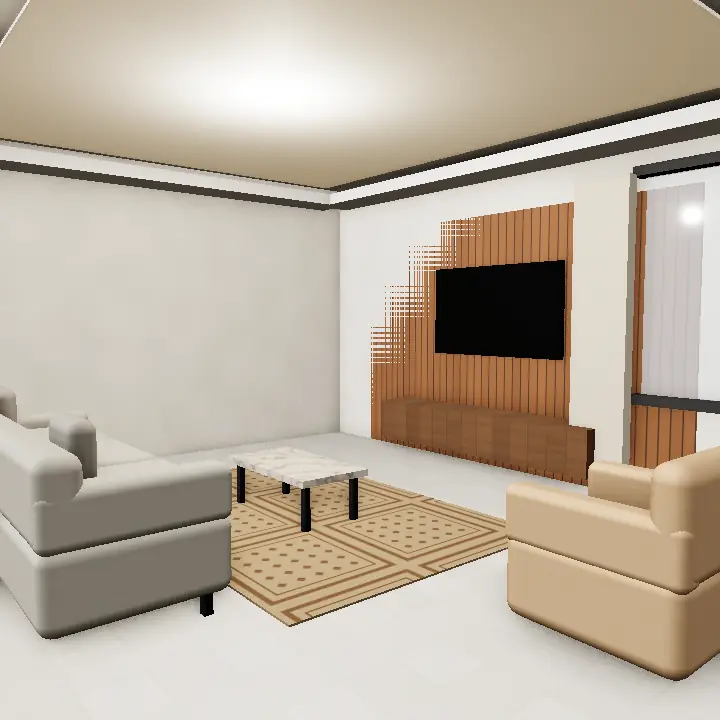 3D render: Full-wall wooden LCD unit with shelves