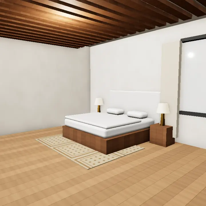 3D render: Light Wood Slat Band over Bed